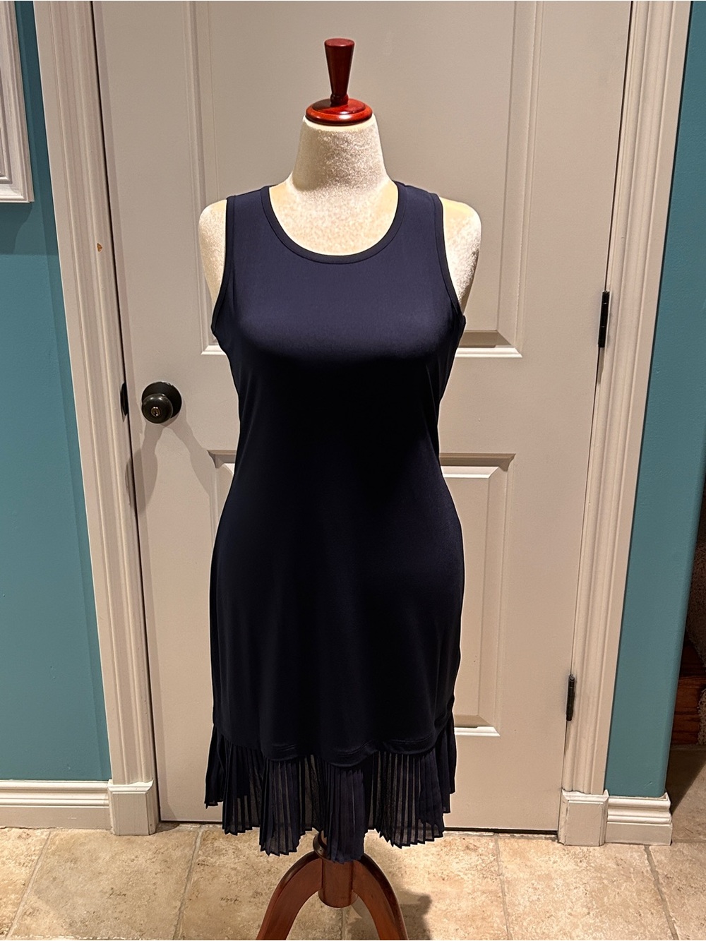 Michael Kors Navy Sleeveless Dress with Pleated Hem